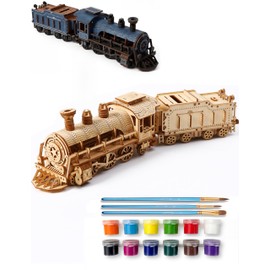 BOOZUU 3D Wooden Steam Train Puzzle for Adults, Build and Paint Wooden Train Model Kit, 282 Pcs DIY Train Craft for Teen Age 14+