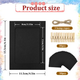 30 PCS Picture Hanging String, Photo Display Board Hanging Picture Frames with Wooden Clips and String 4 X 6 Inch Black Mini Pegs for Photos Paper Pictures Frames for Home,Office,Wedding,Party Decor