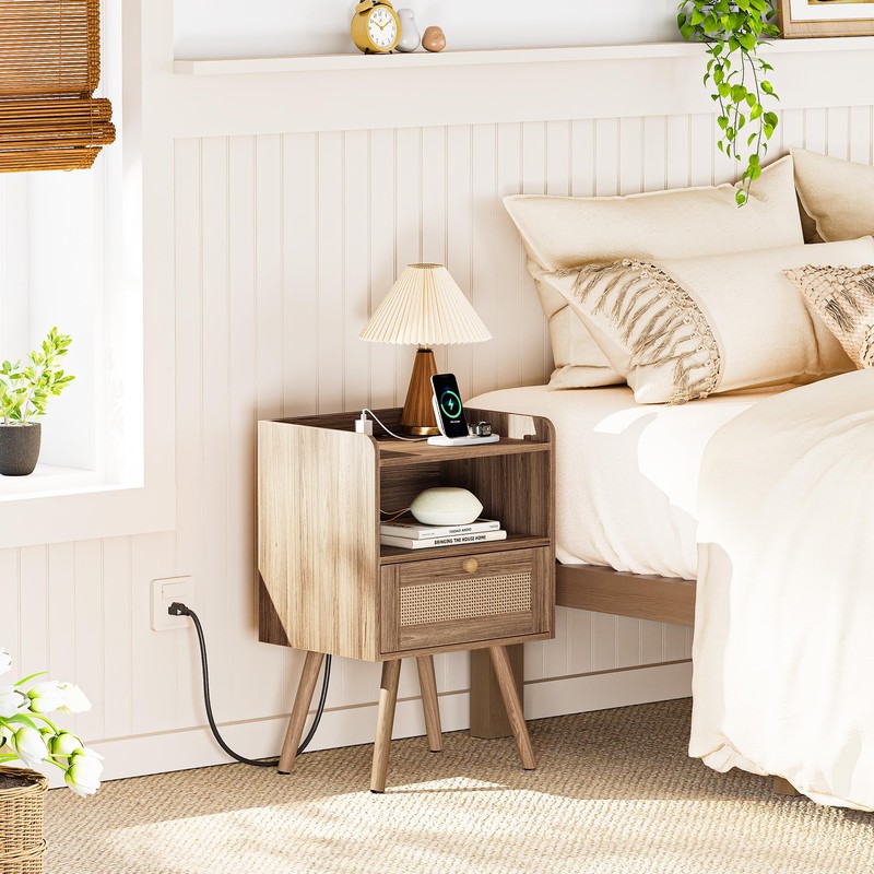 SUPERJARE Nightstand with Charging Station & Rattan-Like Decor Drawer, Rattan