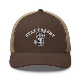 RIVEMUG NG Stay Trashy Embroidered Curved Bill Trucker Hat Mid Crown Adjustable Racoon Cap Brown/Khaki