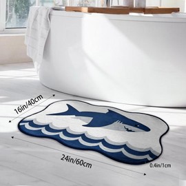Luxury Shark Bathroom Rugs, Cute Blue Bath Mat with Navy Blue Wave Design, Extra Soft Microfiber Non-Slip Mat for Tub & Shower,Trendy Aesthetic Fun Preppy Decor