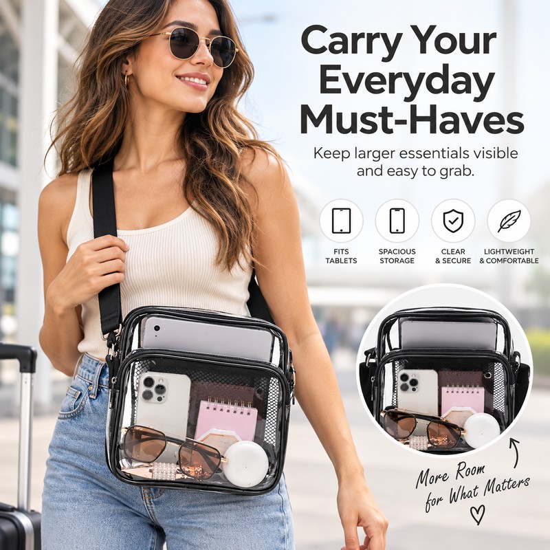 Clear PVC Crossbody Bag for Concerts – 28×21×9cm Lightweight Shoulder