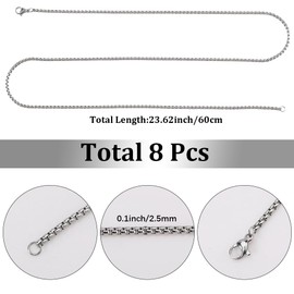 SUNNYCLUE 1 Box 8Pcs 24 Inch/60CM Stainless Steel Square Box Chain Blank Necklace Chains 2.5mm Silver Metal Round Boxes Links with Lobster Claw Clasps for Jewellery Making DIY Crafts Women Supplies