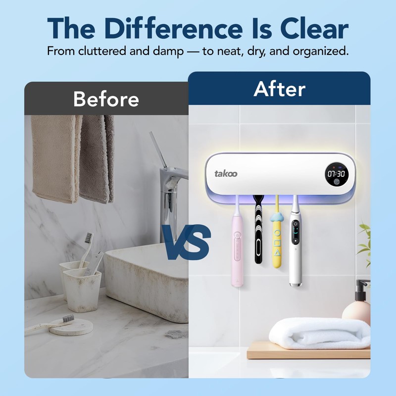 Takoo Toothbrush Cleaner, 4 Slots Wall Mounted Toothbrush Holder for