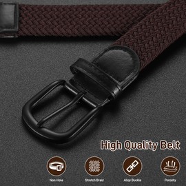 Huiguli Men's Elastic Belt, Stretchy Braided Belt with Metal Buckle, Fabric Belt Without Holes for Men and Women, 3.5 x 110 cm, Black / Brown