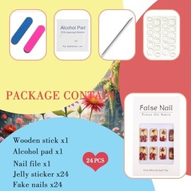 24Pcs Fall Press on Nails Medium Yellow Dark Red Fake Nails with Maple Leaves Designs Autumn False Nails Medium Length Acrylic Glue on Nails Full Cover Stick on Nail for Women Manicure Supplies