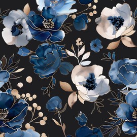 Fvlow Navy Wallpaper Blue Floral Peel and Stick Wallpaper 17.4" x 118" Flower Contact Paper Watercolor Self Adhesive Covering for Bedroom Cabinet Bathroom Home Decor