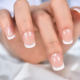 EchiQ Square Short Nude Pink faux ongles Thickened White Rounded Line Stroke French acrylic false nails Manicure Nails for every occasion Daily fake nails