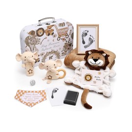 Lictin Baby Shower Gifts, Newborn Baby Gifts Basket, Unisex Baby Gift Set with Baby Blanket, Baby Security Blanket, Baby Rattle, Baby Bib, Decison Coin, Keepsake Footprint