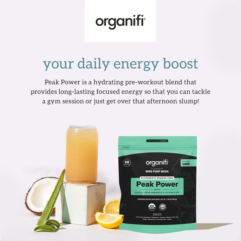 Organifi Peak Power, Pre Workout Powder to Support Hydration, with