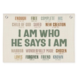 PLKMN Christian Boho Canvas Banner, I Am Who He Says I am, Religious Motivational Banner Wall Hanging Banner Flag for Home Office, Scripture Bible Verse Decor, Gifts for Women Men