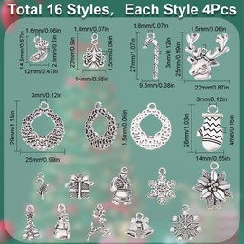 SUNNYCLUE 1 Box 64Pcs 16 Style Christmas Charm Bulk Silver Christmas Charm Tibetan Alloy Candy Snowflake Snowman Xmas Bell Charm for jewellery Making Charms DIY Necklace Bracelet