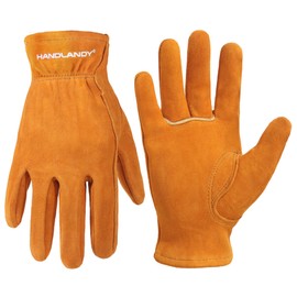 HANDLANDY Kids Genuine Leather Work Gloves for ages 3-11, Children Gardening Gloves for Boys, Girls (Medium (for age 5-7), Orange)