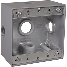 TayMac 4.5 x 4.5 In. 2-Gang Gray 2-in. Deep Weatherproof Junction Box with Five .75-inch Threaded Holes, Side Lug DD575XS, Outdoor Electrical Box for Outdoor Outlet or Branch Circuit Wiring