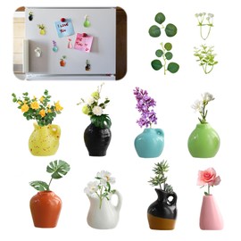 COWANIEE 8pcs Mini Vase Magnets for Fridge +4* Fake Plants, Mini Magnet Cute Vases for Refrigerator