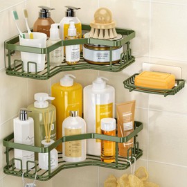 MAXIFFE 3 Pack X-Large Corner Shower Caddy with Soap Holder, Large Capacity Easy Install No Drilling Stainless Steel Hold 40 LB Shower Organizer Shelves Rack for Family Renters Bathroom, Forest Green