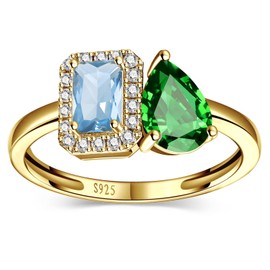 Yaresul Toi Et Moi Ring 925 Sterling Silver 14k Gold Plated Women Aquamarine Engagement Ring White Gold Plated 6x8mm Double Stone Ring Emerald & Pear Cut CZ Wedding Band Width Band 2mm - Size 7