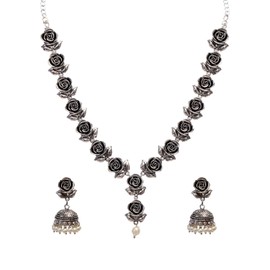 Efulgenz Oxidized Indian Jewelry Necklace Sets Indian Oxidized Jewelry Oxidized Choker Necklace Earrings Set Antique Boho Rose Necklace Faux Pearl Drop Jhumka Dangle Earrings Bohemian Statement