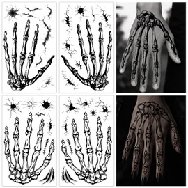 Konsait Halloween Skeleton Hand Tattoos, 4 Sheets Realistic Skeleton Hand Bone Cracked Skin Makeup Tattoos for Halloween Party Costume,Cosplay