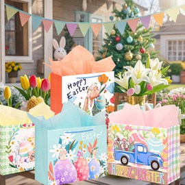 Nimbbex 4Pack Large Easter Bags for Kids, 13" Eggs Easter Gift Bags with Handles Tissue Paper, 4 Pattern Bunny Eggs Baskets for Kids, Gifts Wrapping, Party Supplies