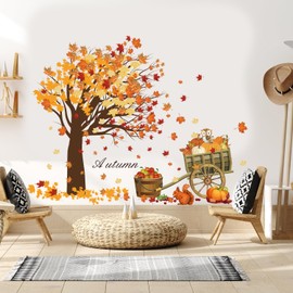 Rajahubri Fall Thanksgiving Wall Sticker Maple Leaves Wall Decals Autumn Harvest Pumpkins Wall Sticker Cute Animals Wall Art Decor for Thanksgiving Party Living Room