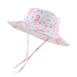 PEECABE Baby Sun Hat Summer Sun Protection Toddler Bucket Hat Wide Brim Adjustable Chin-Strap Beach Cap (CA/US, Age, 6 Months, 24 Months, White Seahorse)