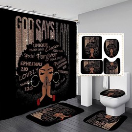4Pcs Bathroom Shower Curtain Sets, Inspirational Quote Afrcian American Queen Shower Curtains with Rugs Toilet Lid Cover Bath Mat, Praying Black Girl Fabric Home Decorations Bath Mat Sets