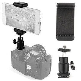 360° Ball Head Hot Shoe Adapter Mount + Cell Phone Holder Clip for DSLR Camera