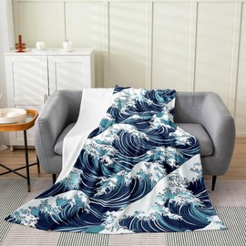 Erosebridal the Great Wave Fleece Blanket 40x50 All Season Soft Japanese Kanagawa Abstract Lines Art Flannel Blanket Sofa Bed Couch Decor Hand Painted Ocean Wave Throw Blanket Warm for Kids Boys Girls