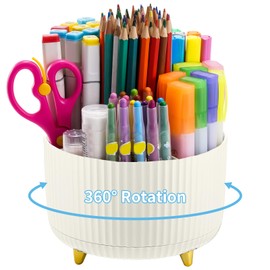 Marbrasse Desk Organizer, 360-Degree Rotating Pen Holder, 5-Compartment Pencil Organizer, Art Supply Storage Box Caddy for Office and Home (Ivory)