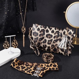 UNICRAFTALE 6Pcs Leopard Print Jewelry Set Boho Leopard Necklace Teardrop Earrings Multi Layered Bracelets Clutch Purse Belt Winter Stylish Jewelry Christmas Gift for Women