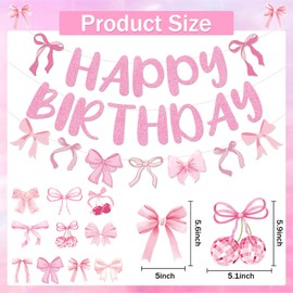 Eiapadeor Pink Bow Birthday Decorations - 13PCS Glitter Bow Party Decorations Pink Happy Birthday Banner Hanging Swirls Coquete Bday Shower Party Decor Supplies for Girls Women