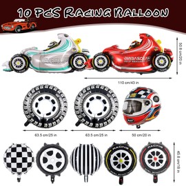 10 PCS Race Car Balloons, Foil Helmet Checkered Balloons and Hot Wheel Tire Balloons, Race Car Party Supplies for Boy Two Fast Birthday Party Cars Theme Decorations