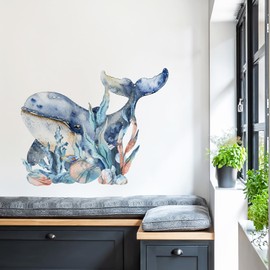 Whale Wall Stickers, Sea Whale Wall Sticker Peel and Stick 34.2x27.1in Cartoon Sea Animal Wall Decal Humpback Whale Wall Decal for Bathroom Kids Baby Classroom Living Room