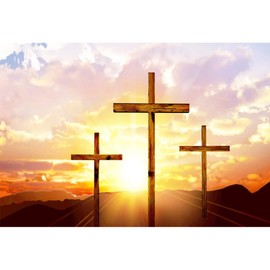DORCEV 10x8ft Three Crosses On Mountains Backdrop Sunrise Sunset Holy Light Jesus Cross Photo Background Sunlight Cloud Funeral Pray Christian Church Event Backdrop Heaven Sent Theme Party Banner