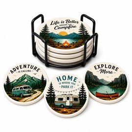 Outdoor Coasters for Drinks, Ceramic Coaster Set of 4 with Holder