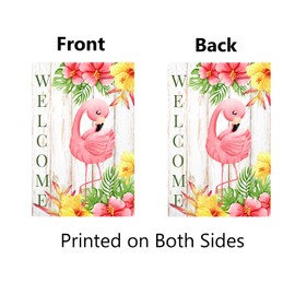 Welcome Spring Summer Flamingo Garden Flag Burlap Double Sided Vertical 12x18 Inch Tropical Flowers Flamingo Decor Spring Summer Yard Flag Rustic Seasonal Outdoor Flag Flamingo Decorations