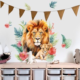 Runtoo Large Lion Wall Art Decal Watercolor Woodland Animal Wall Stickers for Nursery Kids Bedroom Home Decor