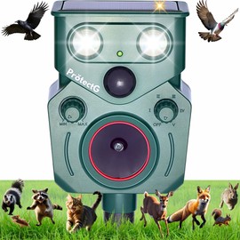 Solar Animal Repeller Outdoor - Ultrasonic Motion Activated Deterrent with Flashing LED Light - Waterproof Yard & Garden Protector for Deer, Cat, Squirrel, Rodents (1 Pack)