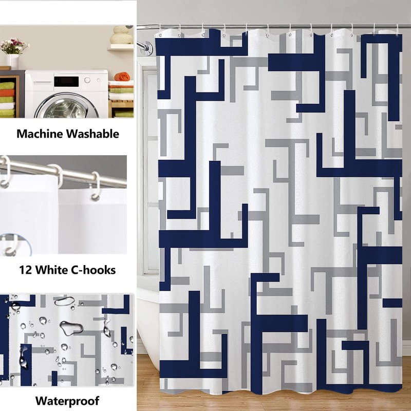 REZAYMRS Geometric Stripe Shower Curtain with 12 Hooks, 72''x72'' Waterproof