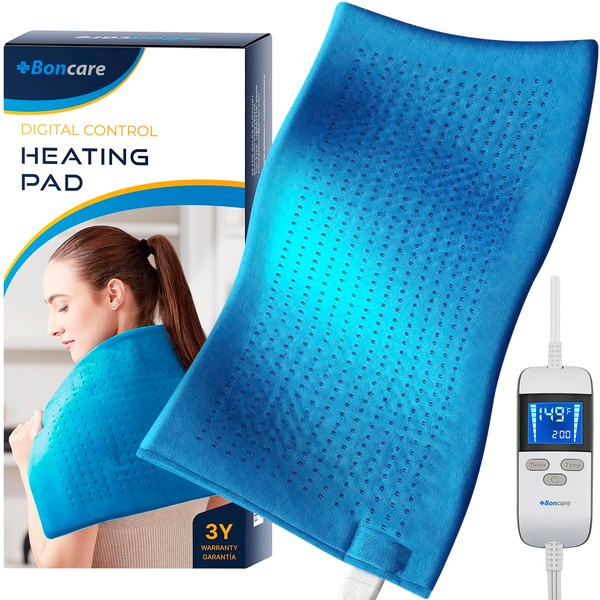 Boncare LCD Digital Control Large Heating Pads for Back Pain Relief and Cramps with Auto Shut Off Fomentera de Calor Super Soft Moist/Dry Heat 12” x 24” (Blue)