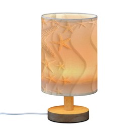 YYZZH Table Lamp Nautical Starfish Gold Wavy Beach Sand Summer Ocean Design Nightstand Lamp with Wood Base Fabric Lamp Shade Bedside Desk Lamp for Living Room Bedroom Kids Room Office