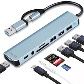 HeiLuon Hub USB C 8 en 1,USB 3.0 con Jack 3.5mm, Adaptador de Puertos USB Múltiple para Laptop, 4 Puertos USB, 1 Puerto USB-C, Lector de Tarjetas TF & SD, Compatible con MacBook, ProPad y Tablets
