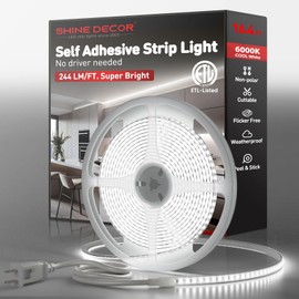 Shine Decor Adhesive Strip Lighting 4000LM Super Bright, Weatherproof Outdoor LED Light Strip 3.9’’ Cut Unit, 120V Indoor No Driver Flicker Free Tape Light for TV 6000K Cool White, 16FT ETL Listed