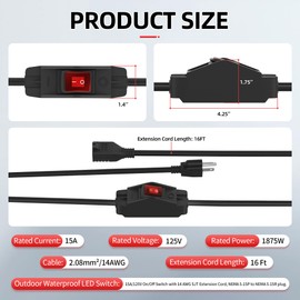 Joinfworld Switched Extension Cord 16 Ft Outdoor 14 AWG 3 Prong Heavy Duty Extension Cord with Switch On/Off 15A 125V Waterproof Lighted Extension Cord Inline Power Switch for Electrical Equipment