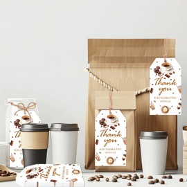 Serencatcher 50pcs Coffee Thank You Tags, Coffee Theme Appreciation Tags with String Thank You for Celebrating with us Paper Gift Tags Cards for Coffee Birthday Baby Shower Bridel Shower Party Favors