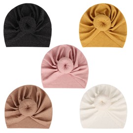 DRESHOW BQUBO 5 Pieces Bun Knot Baby Infant Beanie Baby Turban Ribbing Hats Baby Girl Soft Cute Toddler Cap