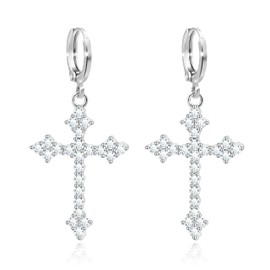 KristLand - Elegant Dainty Sparkle Full Cubic Zircon Gothic Cross Drop Hoop Earrings for Women/Men Punk Cross Dangle for Party Gift White