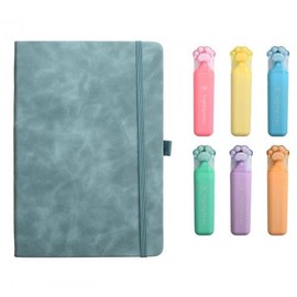 A5 Hardcover Notebook with Coloured Highlighters | 200 Page Premium Diary | Writing Pad with Elastic Band, Bookmark | Includes 6 Cute Macaroon Cat Paw Highlighters (azure) (azure)