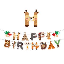 Happy Birthday Banner, Forest Animals Birthday Banner Garland Birthday Colourful for Adults and Children Birthday Party Decoration